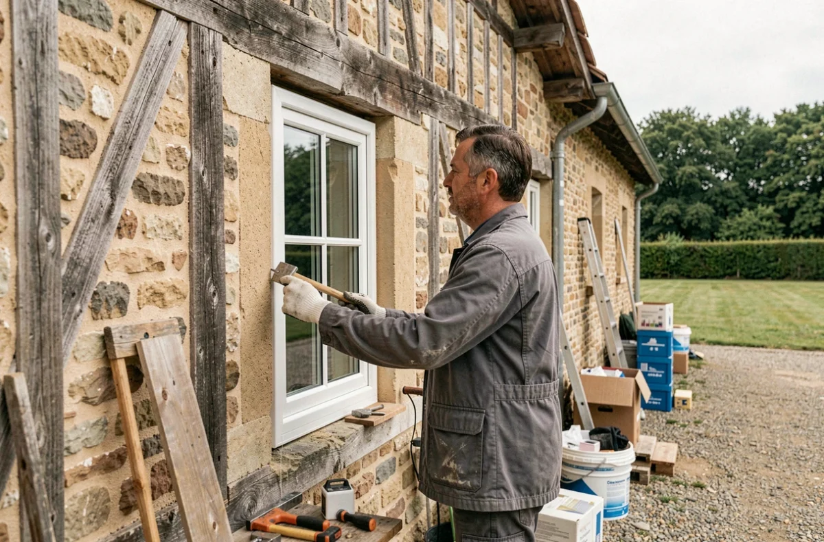Menuisier vitrier de Loire Fermetures installant une fenêtre PVC dans une maison en Sarthe