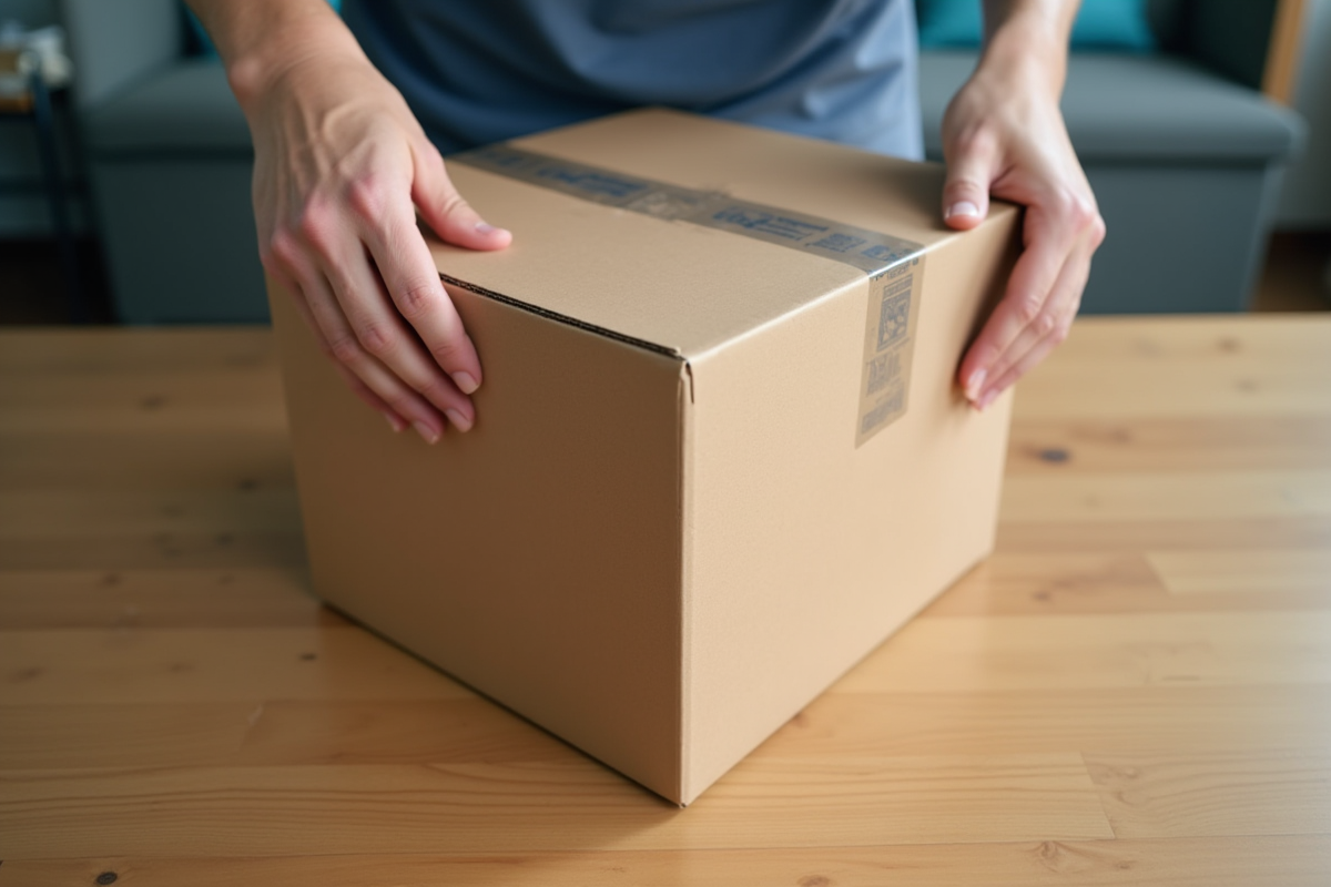 Mains assemblant un carton sur une table en bois