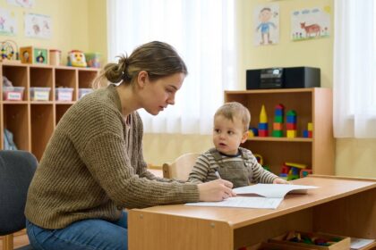 Jeune maman attentive à la crèche avec son enfant