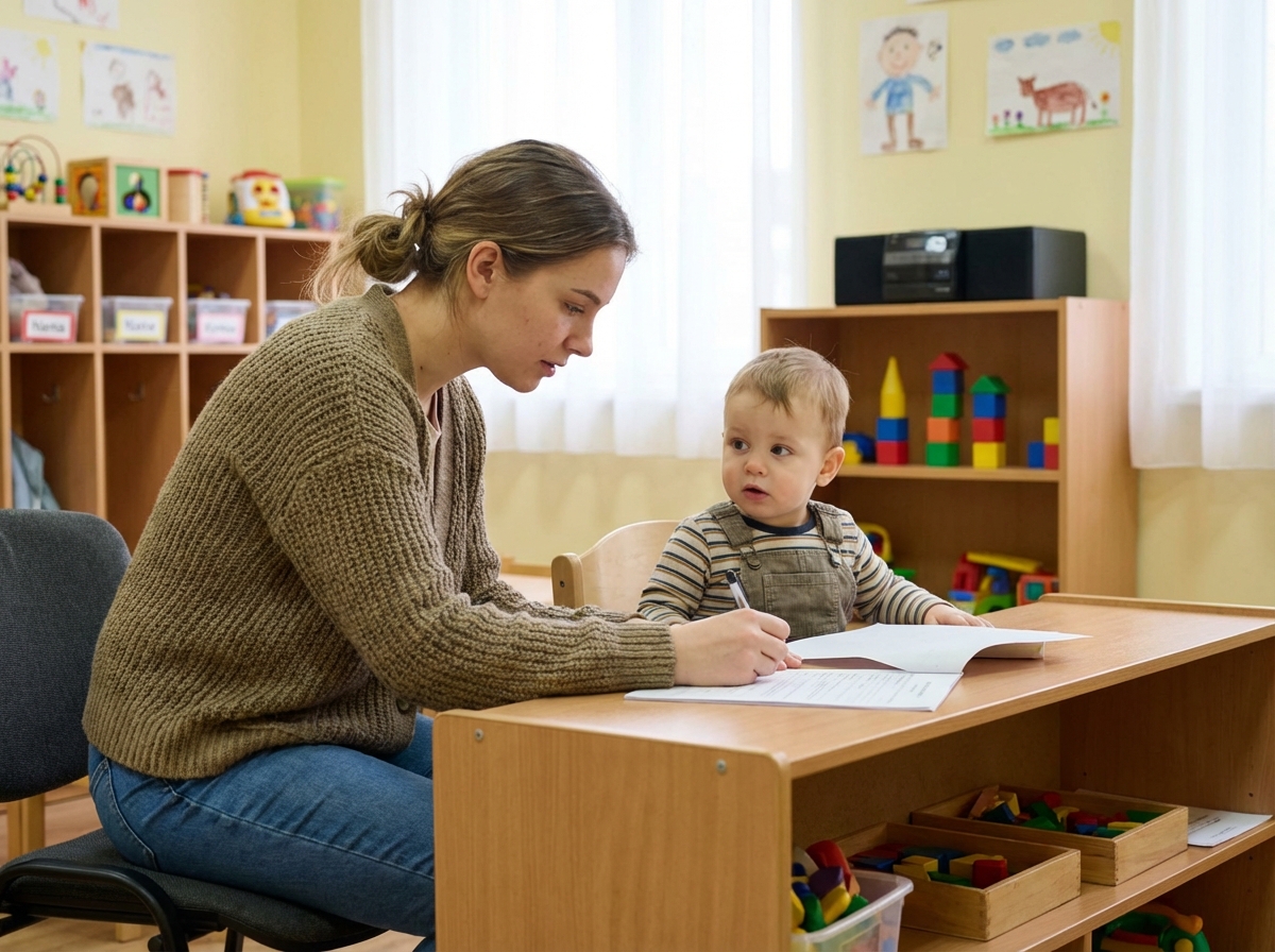 Jeune maman attentive à la crèche avec son enfant