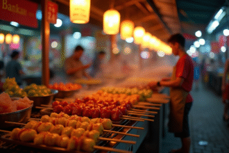 Marché de rue thaïlandais en soirée avec lanternes et plats colorés