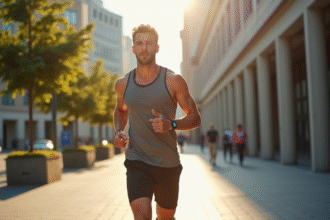 Homme en tenue de sport marchant vite en ville ensoleillee