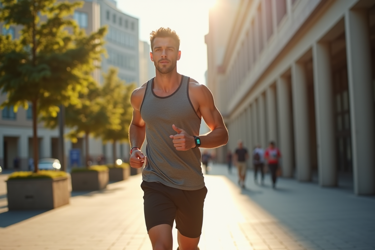 Homme en tenue de sport marchant vite en ville ensoleillee