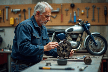 Mecanicien homme examine un moteur Moto Chappy 125 dans l'atelier