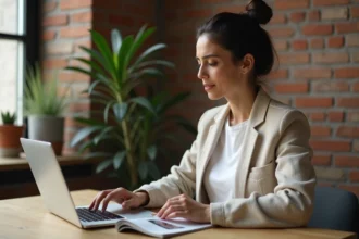 Femme comparant un magazine numérique sur ordinateur portable avec une revue culturelle imprimée sur un bureau en bois, illustrant la transition entre médias traditionnels et numériques