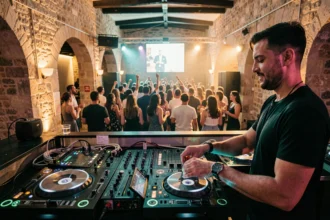 Vue panoramique d'une soirée DJ professionnelle en Nouvelle-Aquitaine avec une foule animée sur la piste de danse