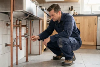 Plombier professionnel inspectant des tuyaux sous un évier dans une cuisine moderne en Loire-Atlantique