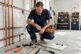 Plombier professionnel en combinaison de travail bleue intervenant sur des canalisations en cuivre dans une maison mayennaise