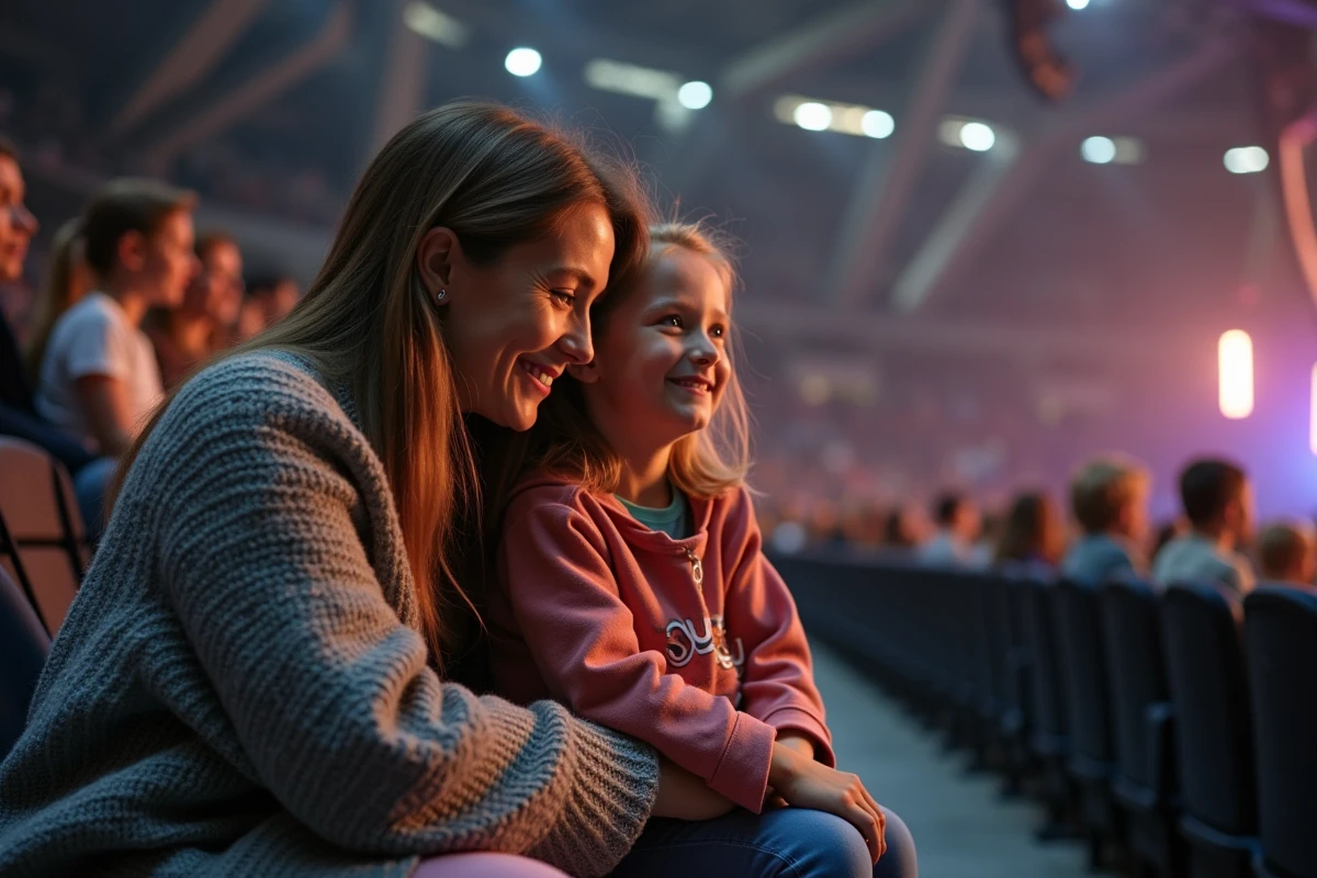 Mère et fille partageant un moment complice dans la zone famille d'une grande salle de concert à Bercy