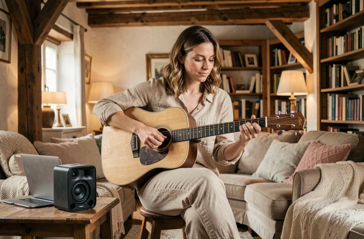 DJ acoustique de Mes Petites Musiques Nouvelle-Aquitaine jouant de la guitare dans un intérieur chaleureux et feutré