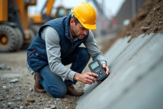Ingénieur civil mesurant l'inclinaison d'une pente en béton avec un inclinomètre numérique sur un chantier de construction