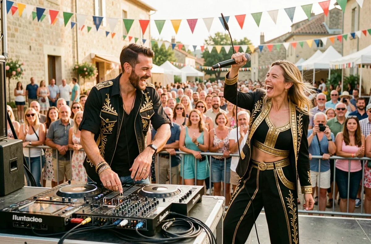 Duo Mix and Match Nouvelle-Aquitaine, un homme et une femme animant ensemble une soirée festive en plein air