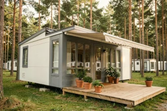 Mobil-home moderne de marque premium installé dans un camping verdoyant entouré de pins, avec terrasse en bois et grandes fenêtres double vitrage