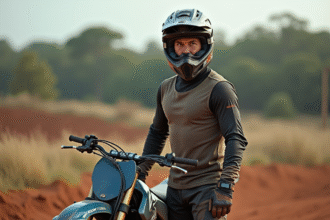 Motocross homme en tenue complète avec moto 125cc en extérieur