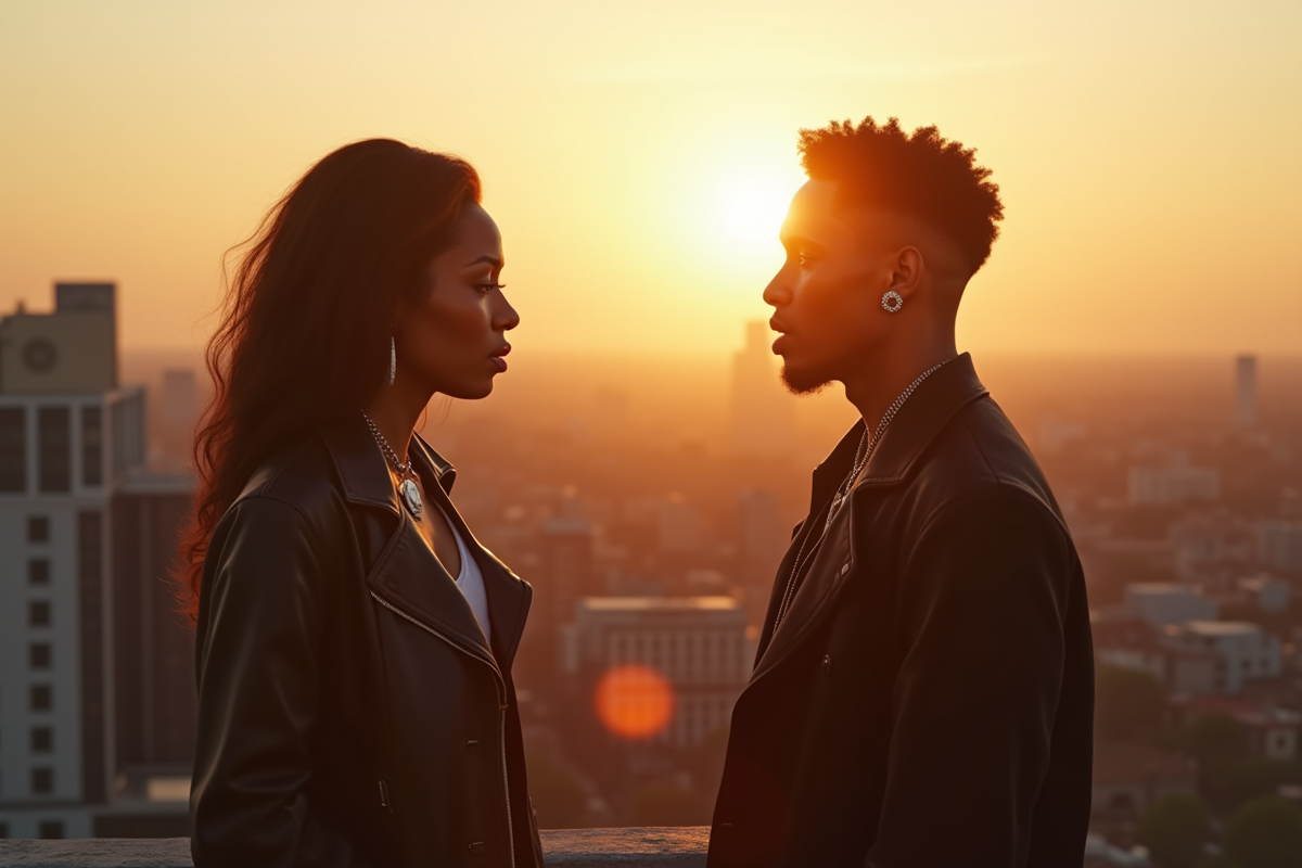Deux artistes musique en conversation sur toit en ville