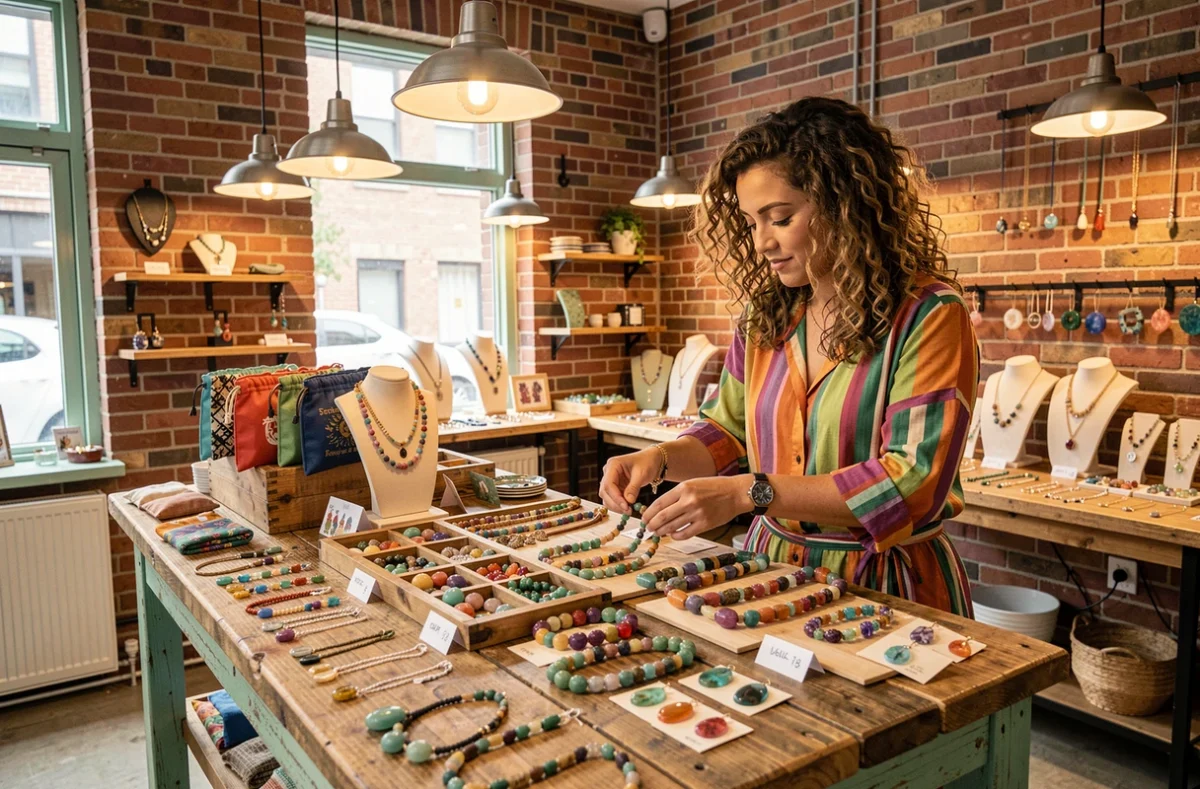 Bijoutière Nathy arrangeant des colliers en perles et boucles en résine dans sa boutique colorée