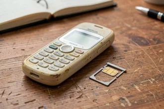 Nokia ancien modèle posé sur un bureau en bois avec une carte nano-SIM moderne et un adaptateur SIM à côté