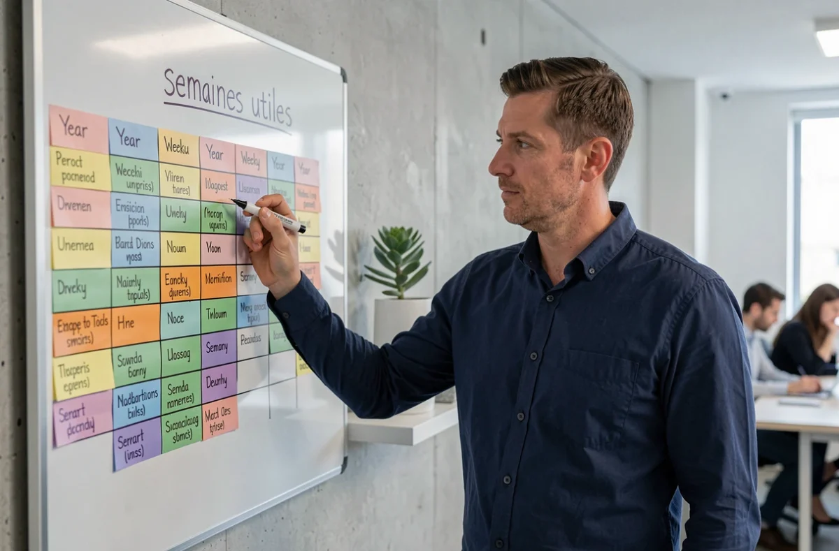 Homme devant un tableau blanc avec une frise chronologique annuelle découpée en semaines utiles colorées dans un bureau moderne