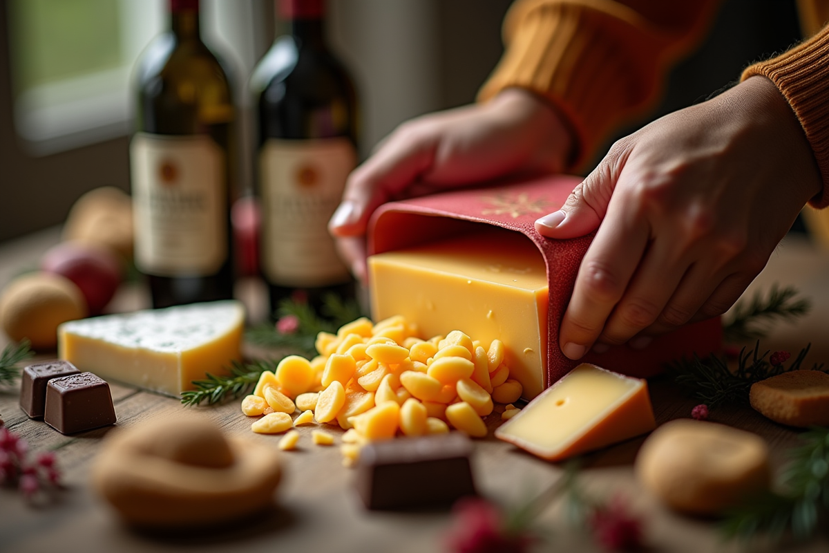 Mains ouvrant un calendrier de fromage artisanal