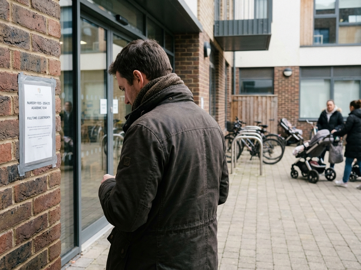 Pere lisant une affiche sur les tarifs de la creche