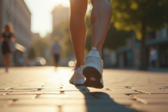 Personne marchant rapidement sur un trottoir urbain ensoleille avec des sneakers