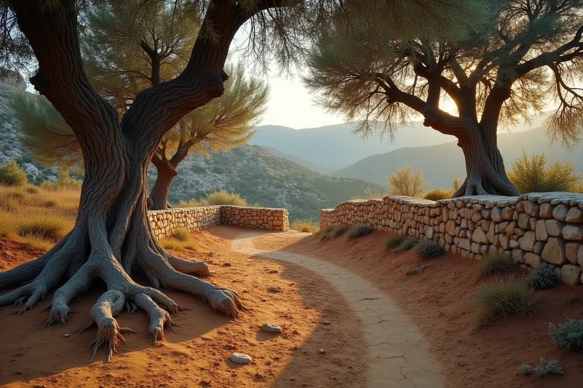 Paysage de campagne grecque avec oliviers noueux et sol ocre évoquant la déesse primordiale Gaïa, symbole de la Terre mère