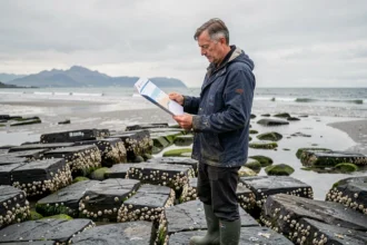 Pêcheur consultant le tableau des horaires des marées sur la jetée d'Anglet en 2026