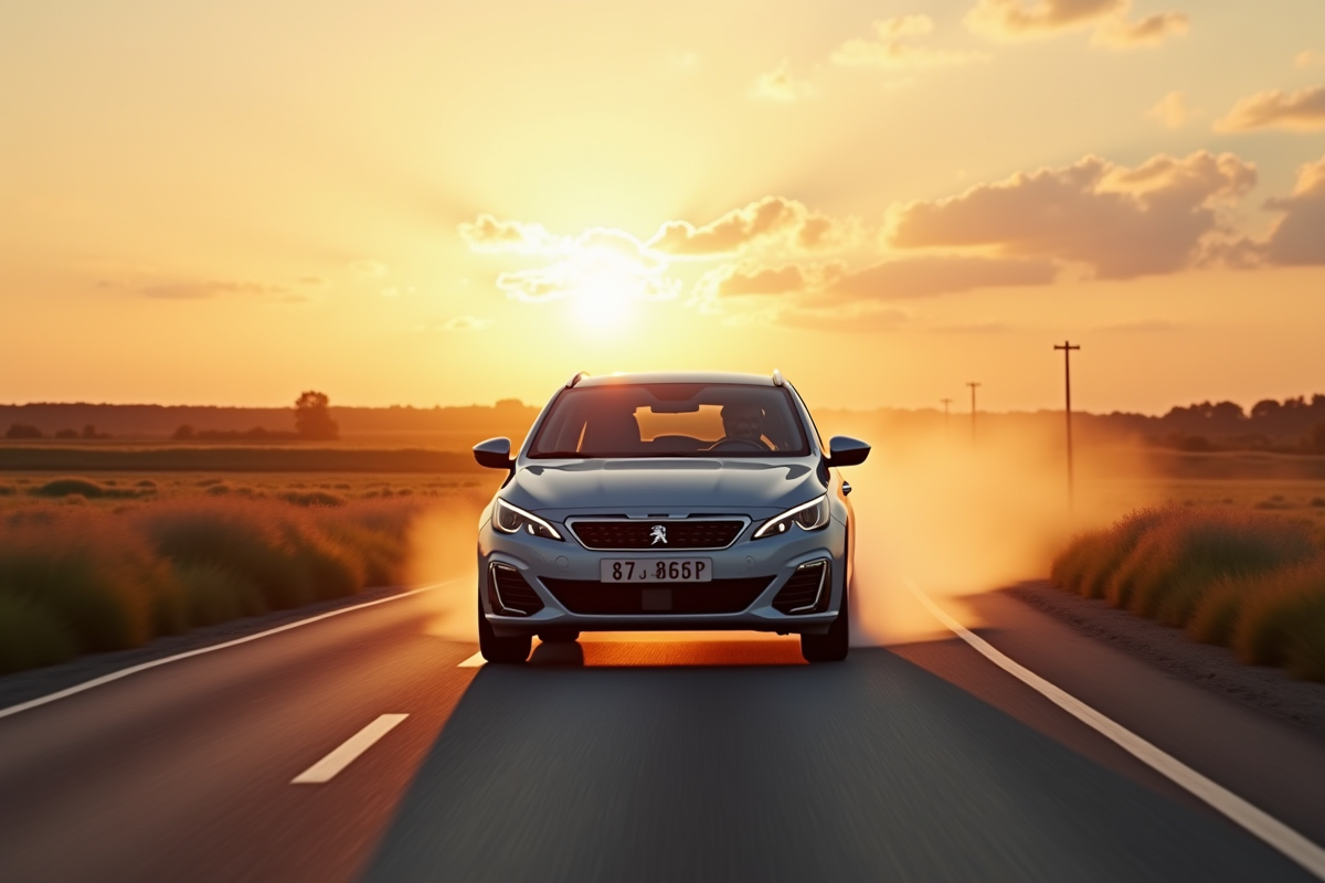 Peugeot 308 GT Line roulant en campagne au coucher du soleil