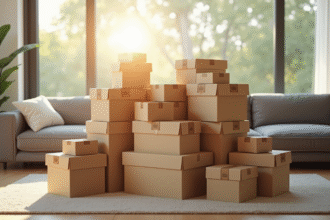 Pile de cartons dans un salon lumineux et moderne