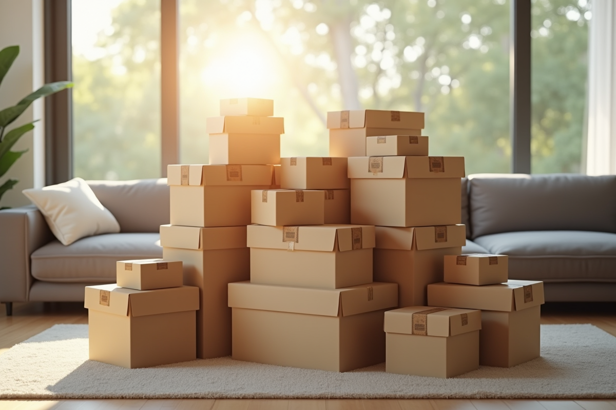 Pile de cartons dans un salon lumineux et moderne