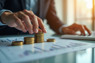 Main d'un professionnel empilant des pièces avec graphiques financiers en arrière-plan