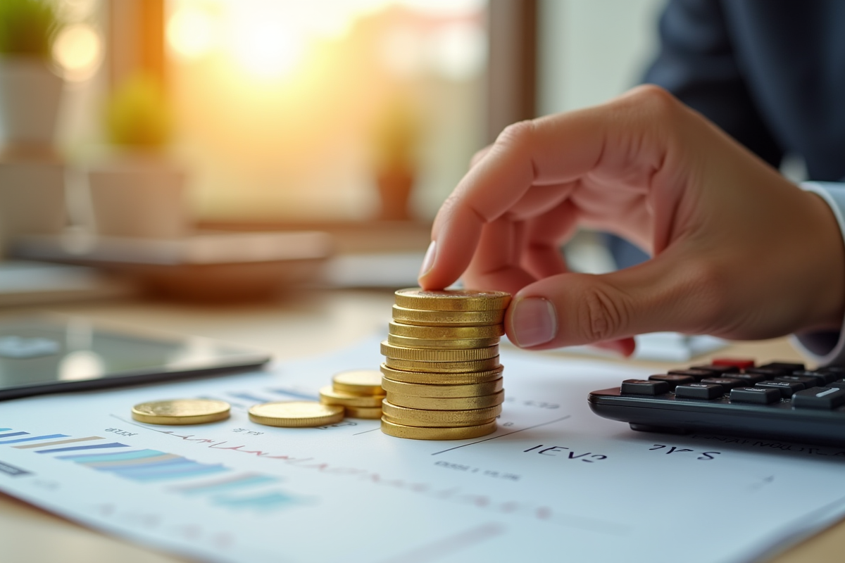 Main empilant des pièces d or sur des documents financiers