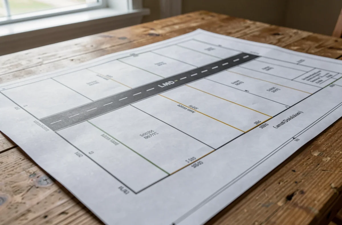 Plan de division d'un terrain avec une voie commune posé sur une table