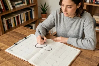 Femme planifiant ses objectifs annuels dans un agenda papier ouvert sur un bureau en bois, vue en plongée légère
