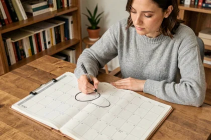 Femme planifiant ses objectifs annuels dans un agenda papier ouvert sur un bureau en bois, vue en plongée légère