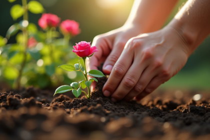 Mains de jardinier plantant des roses dans un sol humide