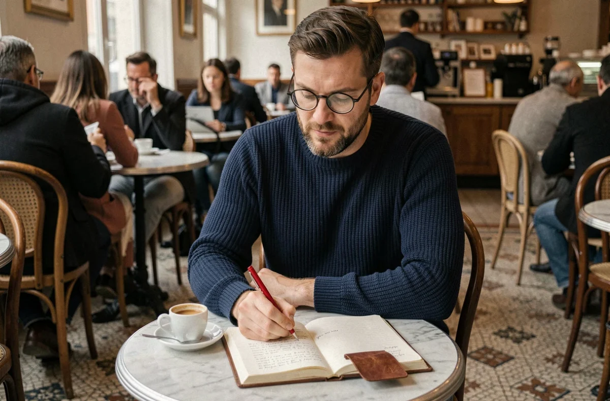 Homme poète annotant une strophe de huit vers dans un café parisien avec journal en cuir