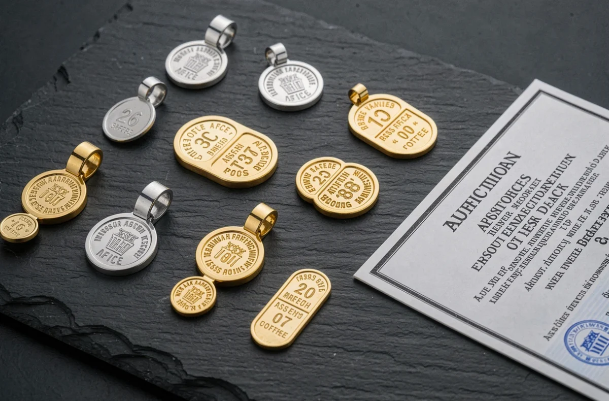 Bijoux en or et argent avec poinçons officiels et certificat d'authenticité sur ardoise