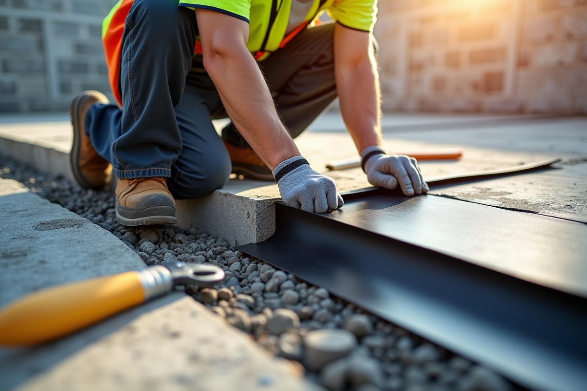 Ouvrier posant une membrane d arase sur un chantier