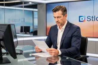 Présentateur de télévision français en costume marine assis derrière un bureau de plateau de studio TV professionnel