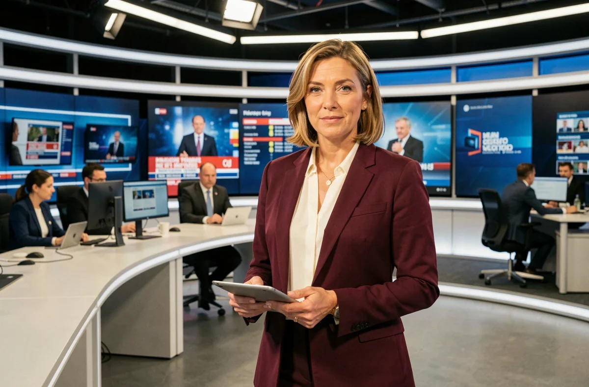 Présentatrice TV française en blazer bordeaux dans un plateau de journaliste devant des écrans de diffusion en direct