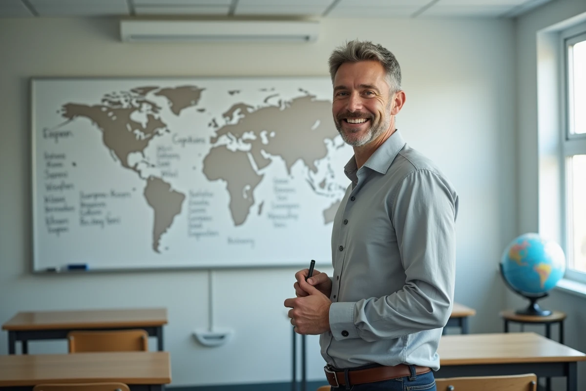 Professeur devant un tableau avec les capitales mondiales écrites par continent en classe
