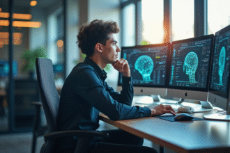 Jeune professionnel innovant avec écrans d'ia