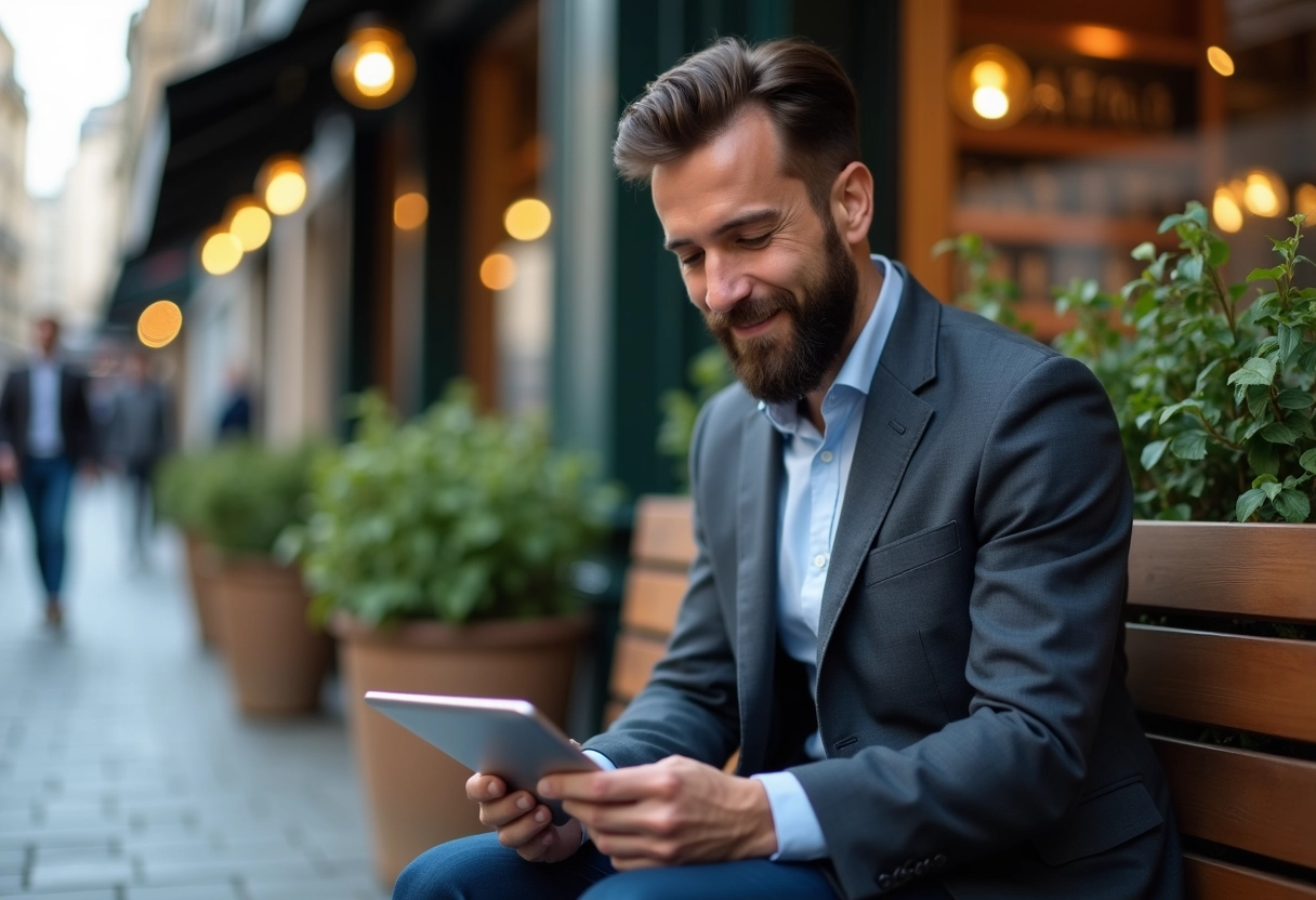 Homme en blazer regardant un site web sur une tablette en extérieur