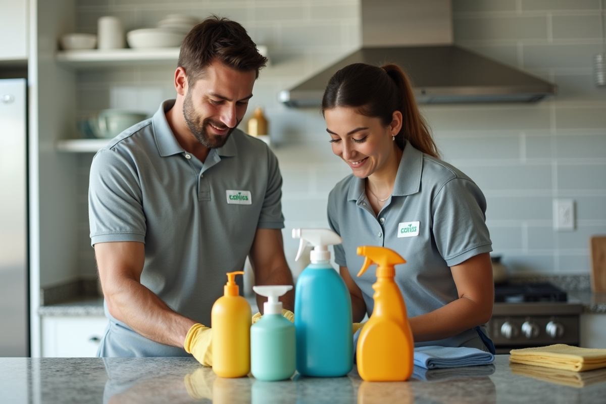 Deux professionnels du nettoyage inspectant produits dans cuisine