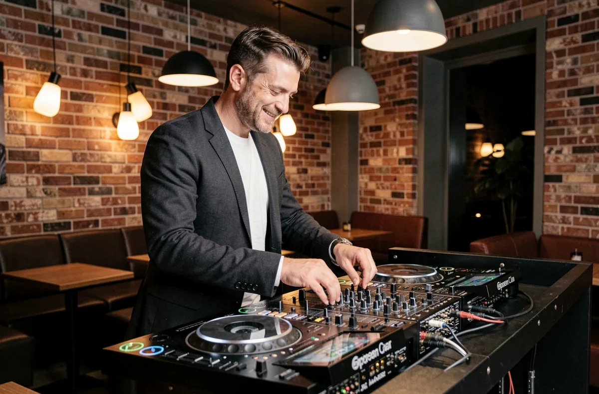 Ramel, DJ polyvalent de Bordeaux, derrière ses platines dans une salle événementielle moderne