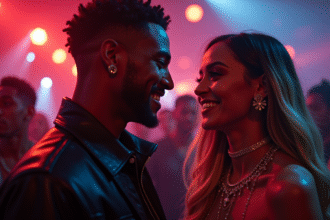 Rappeur homme et chanteuse femme backstage souriants