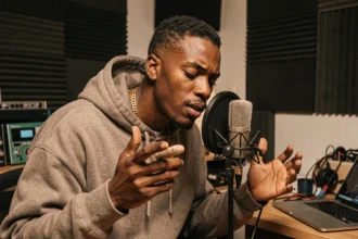 Jeune rappeur en studio d'enregistrement maison, micro professionnel, atmosphère hip-hop authentique