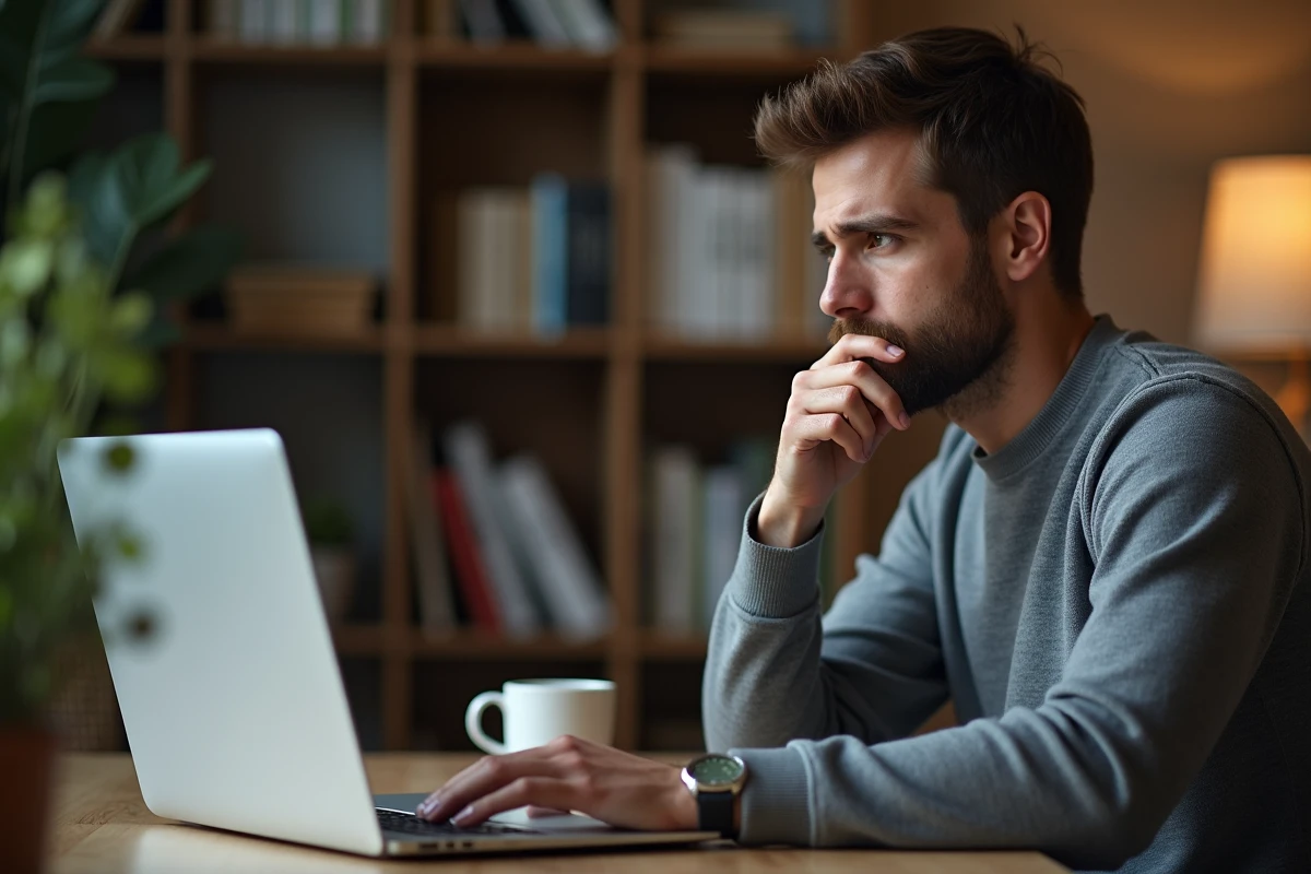 Homme concentré devant son ordinateur portable en train de rédiger un email professionnel depuis son bureau à domicile