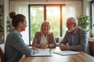 Couple senior et fille rencontrent un agent immobilier dans un salon lumineux